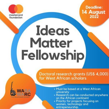 Ideas Matter Doctoral Fellowship 2022 by MasterCard Foundation and WARA for West Africa