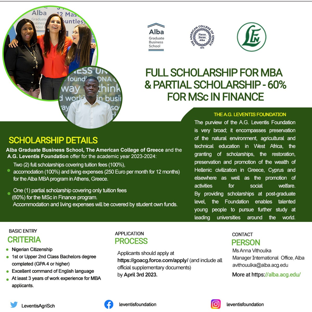 Leventis Foundation MBA and MSc Scholarships 2024 for Nigerians
